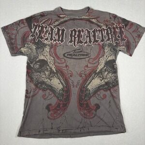 Affliction Style Y2K Realtree Tee Deer Skull Gray Red Shirt Men's Size Medium